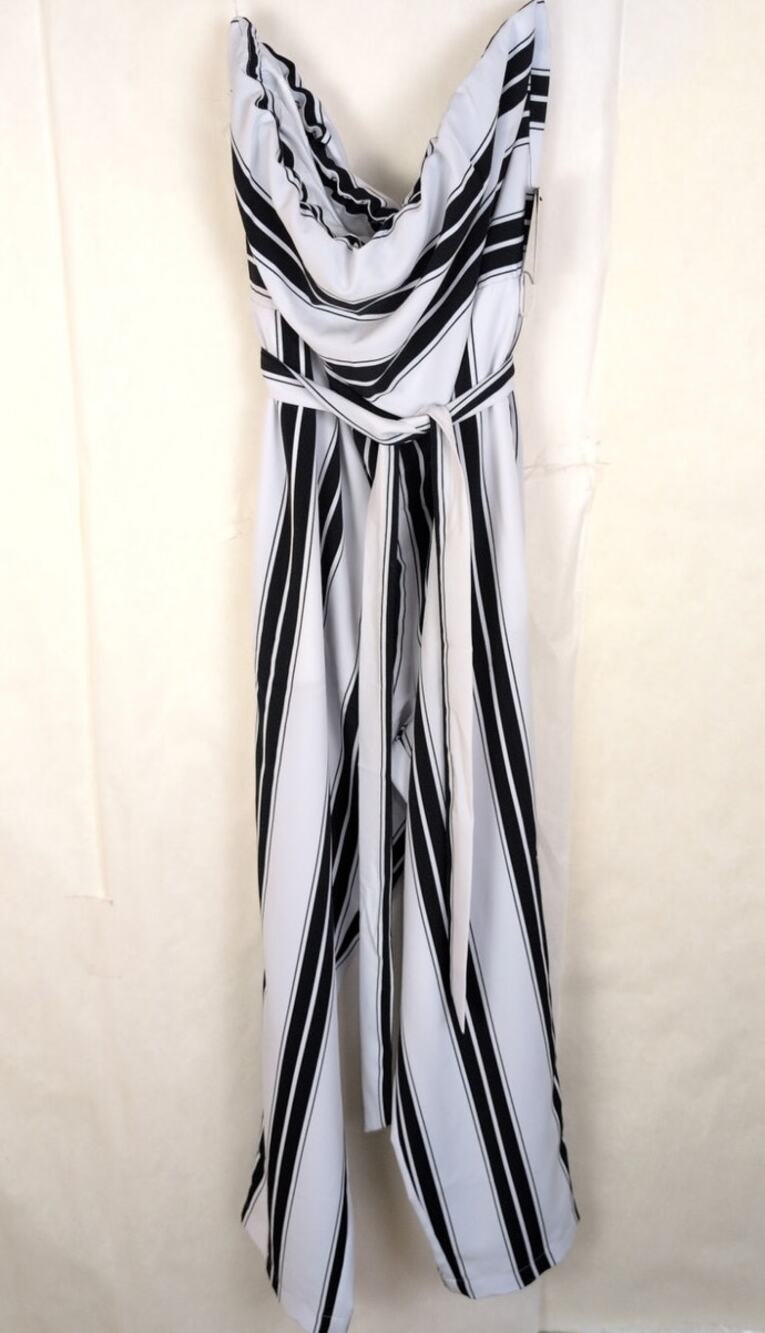 New Express black and white striped strapless jumpsuit Sz Med Retro Classic Y2K